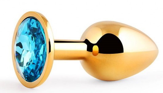 Золотистая анальная пробка с голубым стразом - 7,2 см. - Anal Jewelry Plug - купить с доставкой в Краснодаре