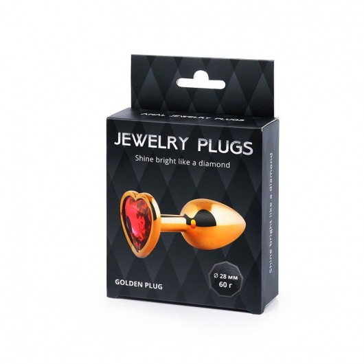 Золотистая анальная пробка с красным стразом-сердечком - 7 см. - Anal Jewelry Plug - купить с доставкой в Краснодаре