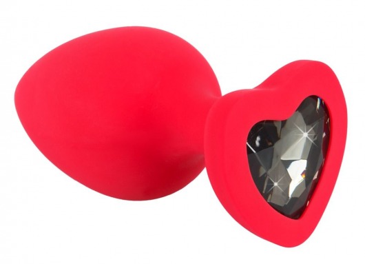 Красная силиконовая анальная пробка с черным стразом-сердечком - 9,3 см. - Orion - купить с доставкой в Краснодаре