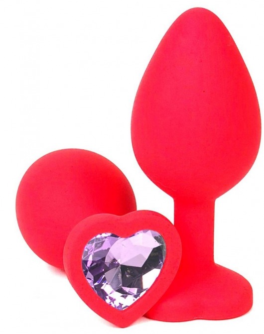 Красная силиконовая пробка с сиреневым кристаллом-сердечком - 8 см. - Vandersex - купить с доставкой в Краснодаре