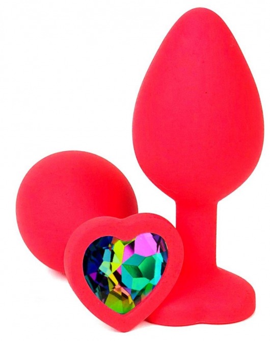 Красная силиконовая пробка с разноцветным кристаллом-сердечком - 7 см. - Vandersex - купить с доставкой в Краснодаре