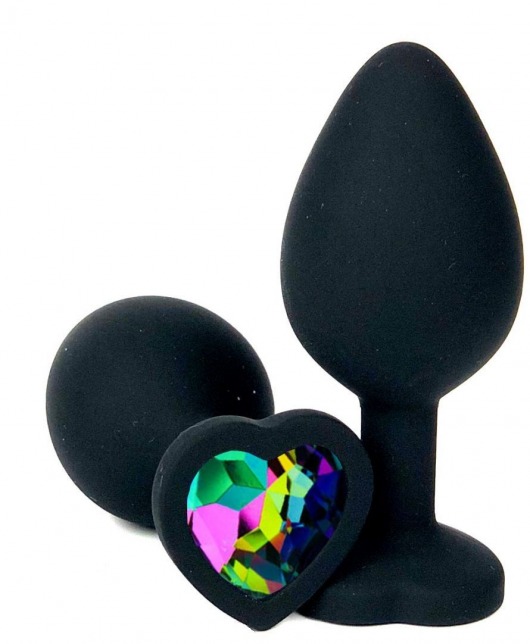 Черная силиконовая пробка с разноцветным кристаллом-сердечком - 7 см. - Vandersex - купить с доставкой в Краснодаре
