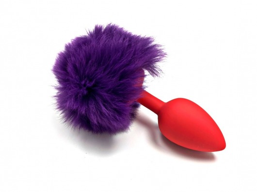 Красная силиконовая анальная пробка с пушистым фиолетовым хвостиком зайчика - Vandersex