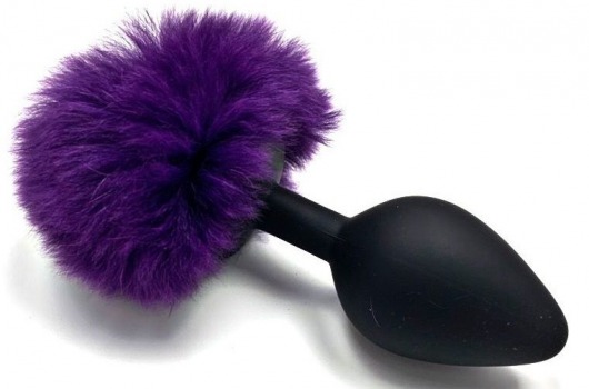 Черная силиконовая анальная пробка с пушистым фиолетовым хвостиком зайчика - Vandersex