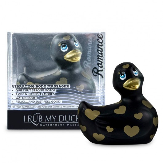 Черный вибратор-уточка I Rub My Duckie 2.0 Romance с золотистым принтом - Big Teaze Toys - купить с доставкой в Краснодаре
