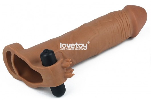 Коричневая вибронасадка-удлинитель на пенис Add 3 Pleasure X Tender Vibrating Penis Sleeve - 19,5 см. - Lovetoy - в Краснодаре купить с доставкой