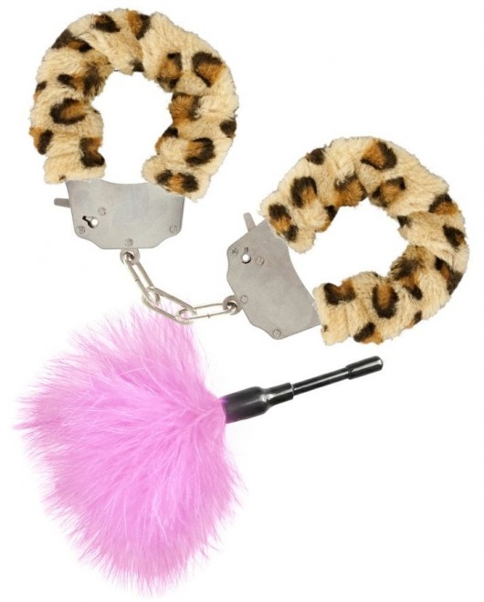 Эротический набор: леопардовые наручники и розовая пуховка - Toy Joy - купить с доставкой в Краснодаре
