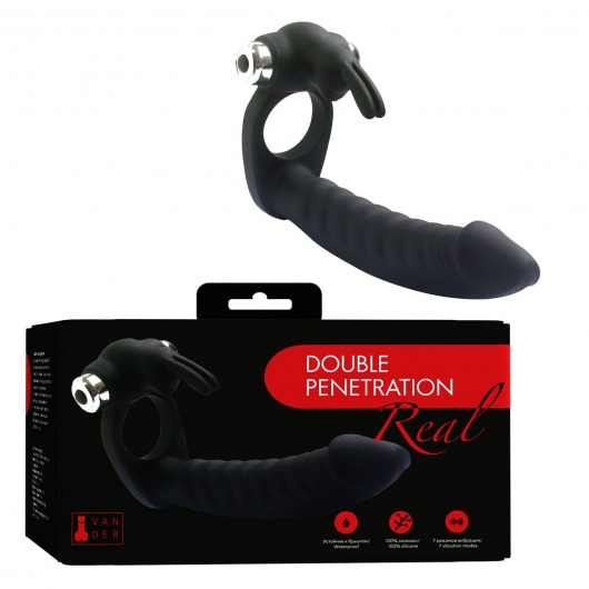 Черная вибронасадка Double Penetration Real с клиторальным зайчиком - Vandersex - купить с доставкой в Краснодаре