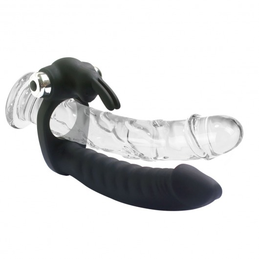 Черная вибронасадка Double Penetration Real с клиторальным зайчиком - Vandersex - купить с доставкой в Краснодаре
