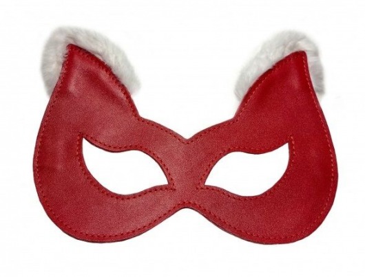 Красная маска из натуральной кожи с белым мехом на ушках - БДСМ Арсенал - купить с доставкой в Краснодаре