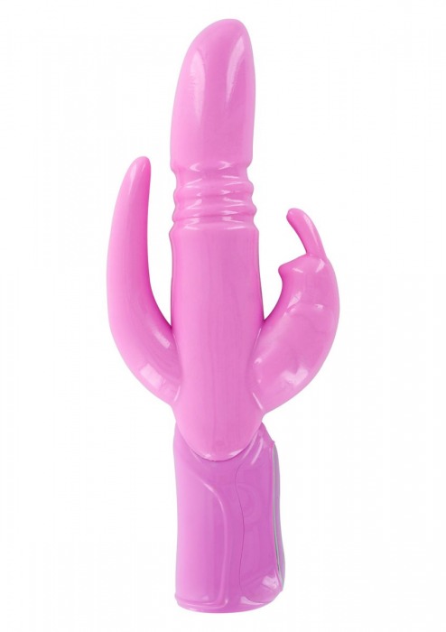 Розовый вибратор THRUSTING RABBIT с клиторальным и анальным отростком - 27 см. - Seven Creations