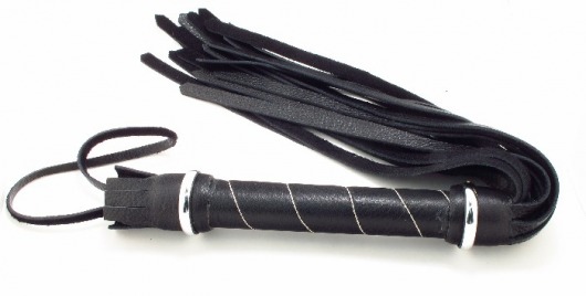 Чёрная кожаная плётка с белой строчкой на рукояти - БДСМ Арсенал - купить с доставкой в Краснодаре