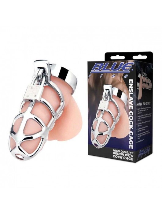 Серебристая металлическая клетка для члена с замком Enslave Cock Cage - BlueLine - купить с доставкой в Краснодаре