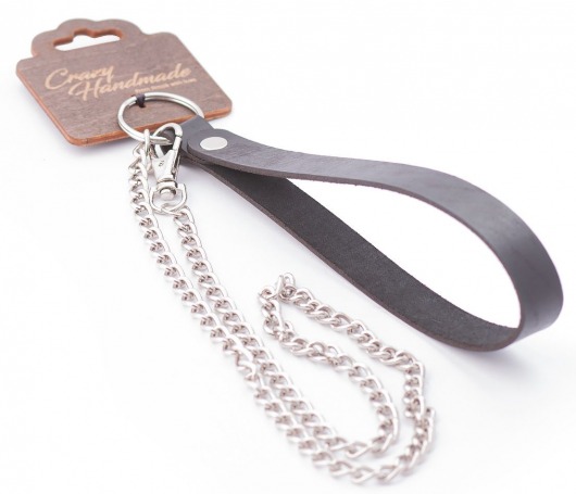 Серебристый металлический поводок с кожаной черной ручкой - 80 см. - Crazy Handmade - купить с доставкой в Краснодаре