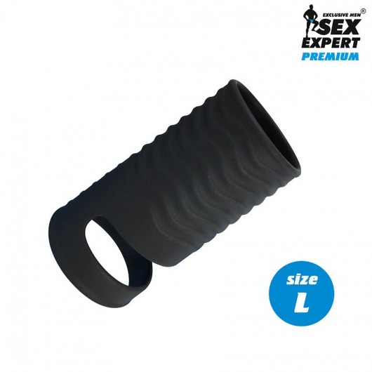 Черная открытая насадка на пенис с кольцом для мошонки L-size - 8,5 см. - Sex Expert - в Краснодаре купить с доставкой