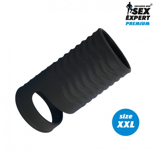 Черная открытая насадка на пенис с кольцом для мошонки XXL-size - 9,4 см. - Sex Expert - в Краснодаре купить с доставкой