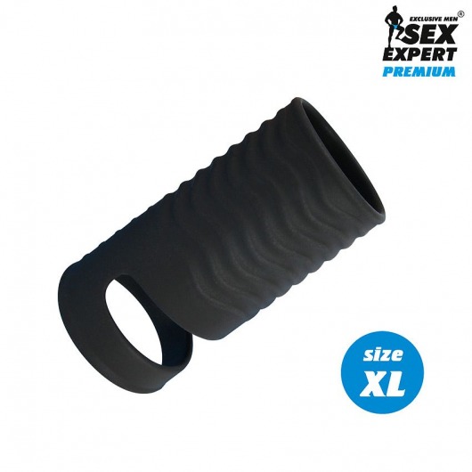 Черная открытая насадка на пенис с кольцом для мошонки XL-size - 8,9 см. - Sex Expert - в Краснодаре купить с доставкой