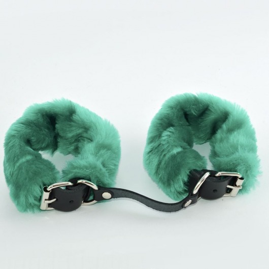 Черные кожаные наручники со съемной зеленой опушкой - Sitabella - купить с доставкой в Краснодаре