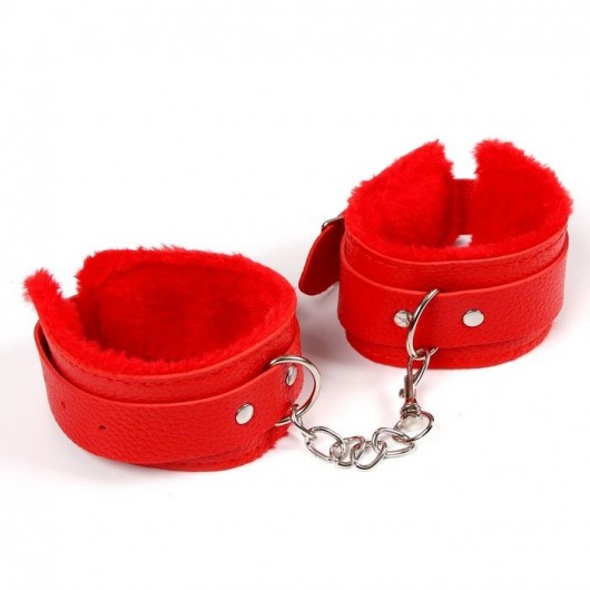 Красные наручники с меховой подкладкой и ремешками - Сима-Ленд - купить с доставкой в Краснодаре