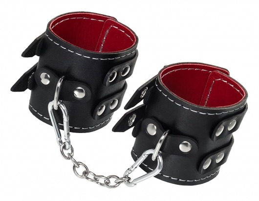 Черные кожаные наручники с двумя ремнями и красной подкладкой - Pecado - купить с доставкой в Краснодаре
