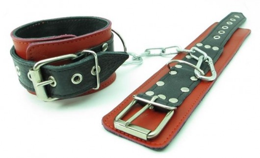 Красно-чёрные наручники из натуральной кожи - БДСМ Арсенал - купить с доставкой в Краснодаре