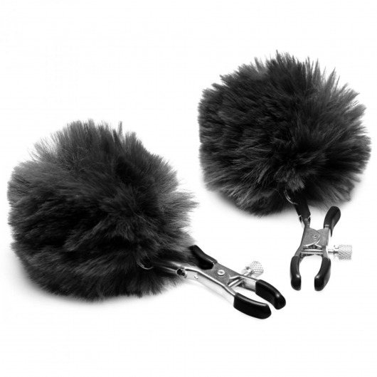 Зажимы для сосков с черным помпонами Pom Pom Nipple Clamps - XR Brands - купить с доставкой в Краснодаре