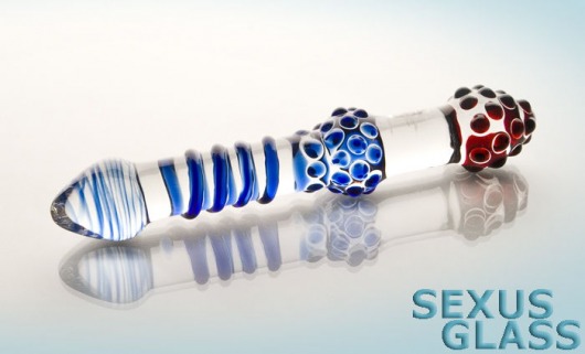 Двусторонний стеклянный фаллос с синей спиралью - 21 см. - Sexus