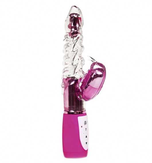 Прозрачный вибромассажёр с розовым клиторальным стимулятором и вращающейся головкой LUXE HUGS AND KISSES - 26 см. - Blush Novelties