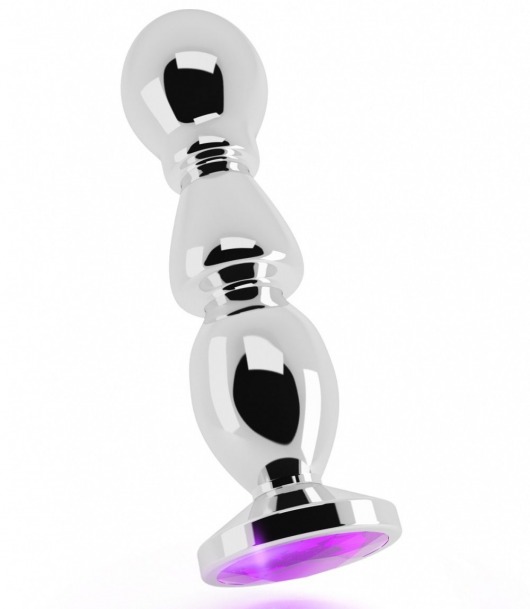 Серебристая фигурная анальная пробка с фиолетовым кристаллом - 14 см. - Shots Media BV - купить с доставкой в Краснодаре