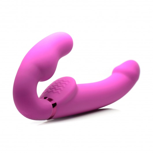 Розовый безремневой страпон с вибрацией и функцией расширения Inflatable Ergo-Fit Strapless Strap-On - XR Brands - купить с доставкой в Краснодаре