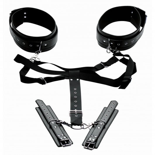 Черная бондажная система Acquire Easy Access Thigh Harness with Wrist Cuffs - XR Brands - купить с доставкой в Краснодаре