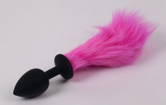 Черная силиконовая анальная пробка с розовым хвостиком - 4sexdreaM - купить с доставкой в Краснодаре