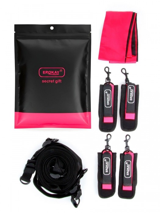 Черно-розовый эротический набор: фиксатор, оковы, наручники, повязка - Erokay - купить с доставкой в Краснодаре