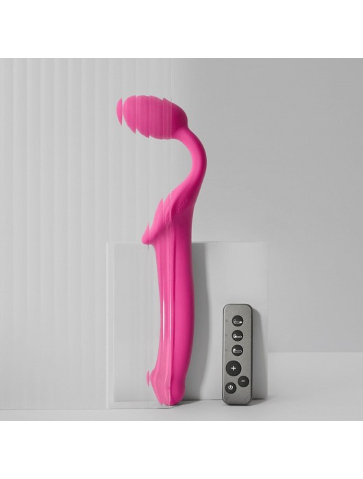 Ярко-розовый безремневой страпон Strap-on-me Vibrating Bendable Strap-On size M - Strap-on-me - купить с доставкой в Краснодаре