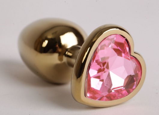 Золотистая анальная пробка с розовым стразиком-сердечком - 7,5 см. - 4sexdreaM - купить с доставкой в Краснодаре