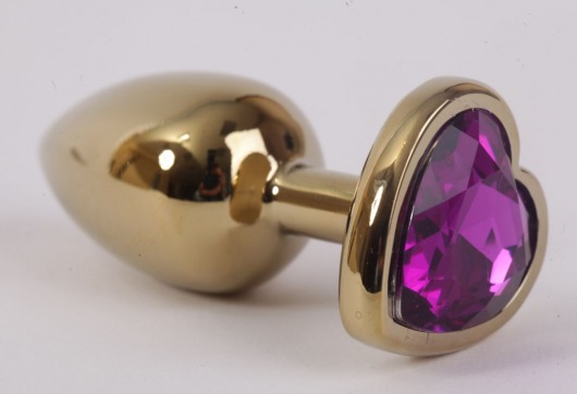 Золотистая анальная пробка с фиолетовым стразиком-сердечком - 7,5 см. - 4sexdreaM - купить с доставкой в Краснодаре
