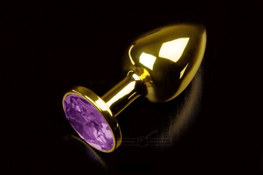 Маленькая золотистая анальная пробка с круглым кончиком и фиолетовым кристаллом - 7 см. - Пикантные штучки - купить с доставкой в Краснодаре