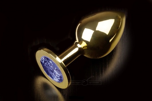 Большая золотая анальная пробка с закругленным кончиком и синим кристаллом - 9 см. - Пикантные штучки - купить с доставкой в Краснодаре