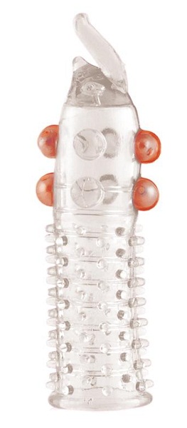 Гелевая прозрачная насадка с шариками, шипами и усиком - 11 см. - Toyfa Basic - в Краснодаре купить с доставкой