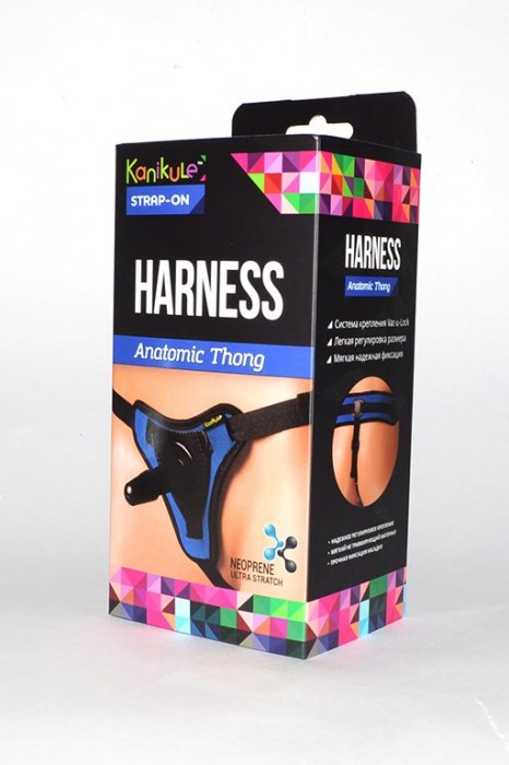 Сине-чёрные трусики с плугом Kanikule Strap-on Harness Anatomic Thong - Kanikule - купить с доставкой в Краснодаре