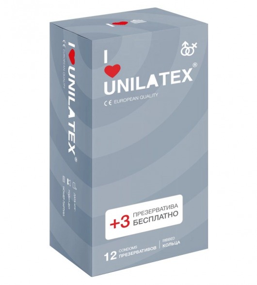 Презервативы с рёбрами Unilatex Ribbed - 12 шт. + 3 шт. в подарок - Unilatex - купить с доставкой в Краснодаре