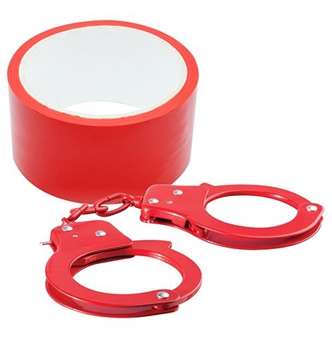 Набор для фиксации BONDX METAL CUFFS AND RIBBON: красные наручники из листового материала и липкая лента - Dream Toys - купить с доставкой в Краснодаре