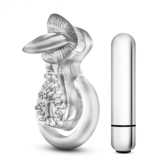 Прозрачное эрекционное кольцо с подхватом, вибропулей и язычком 10 Function Vibrating Tongue Ring - Blush Novelties - в Краснодаре купить с доставкой