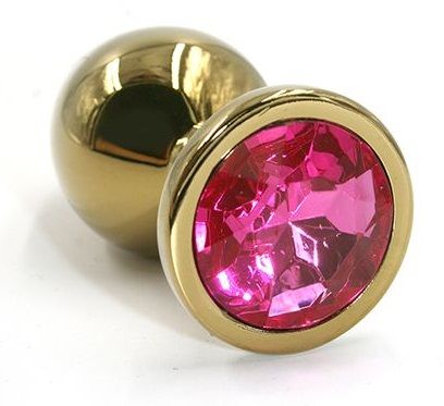 Золотистая алюминиевая анальная пробка с ярко-розовым кристаллом - 6 см. - Kanikule - купить с доставкой в Краснодаре