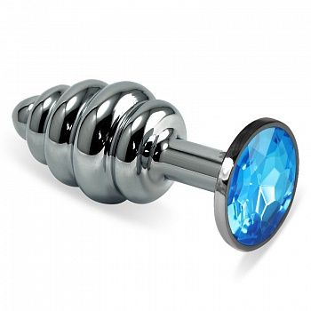 Серебристая фигурная анальная пробка с голубым кристаллом - 8,5 см. - 4sexdreaM - купить с доставкой в Краснодаре