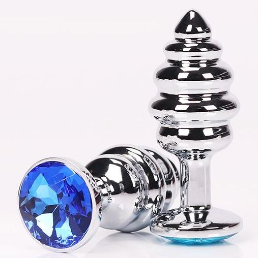 Серебристая фигурная анальная пробка с синим кристаллом - 8 см. - 4sexdreaM - купить с доставкой в Краснодаре