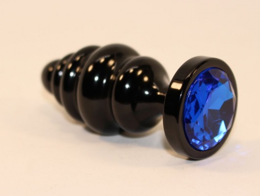 Черная фигурная анальная пробка с синим кристаллом - 8,2 см. - 4sexdreaM - купить с доставкой в Краснодаре