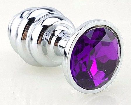 Серебристая фигурная анальная пробка с фиолетовым кристаллом - 8 см. - 4sexdreaM - купить с доставкой в Краснодаре