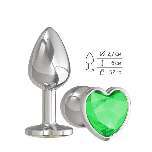 Серебристая анальная втулка с зеленым кристаллом-сердцем - 7 см. - Джага-Джага - купить с доставкой в Краснодаре