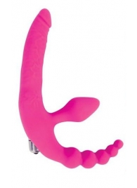Розовый безремневой страпон с анальным отростком и вибрацией - 15 см. - Bior toys - купить с доставкой в Краснодаре